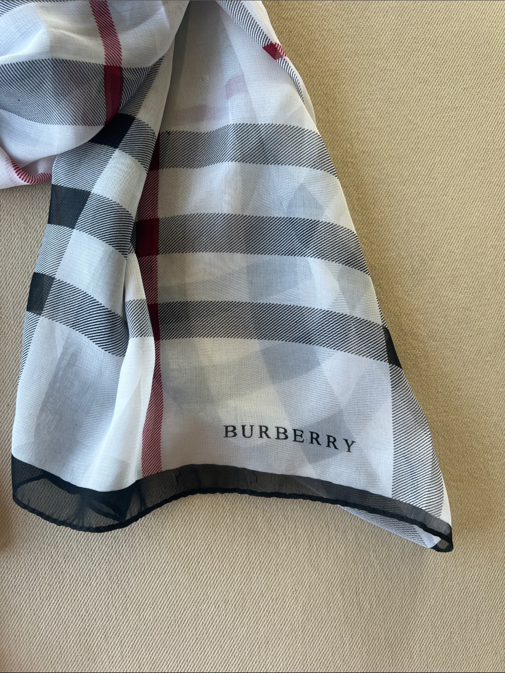 Burberry Sheer Check Scarf in Black, White & Red Accent - Picture 2 of 8